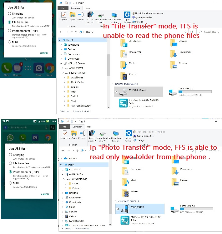 Connecting my phone ASUS_Z010D  using<br /> "Photo Transfer" &amp; "File Transfer" Modes to the PC