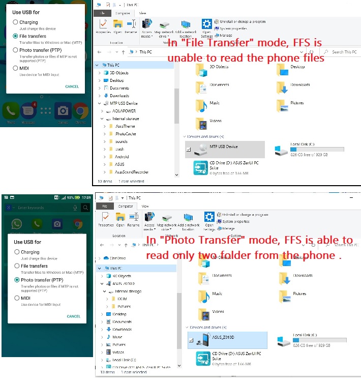 Connecting my phone ASUS_Z010D  using<br /> &quot;Photo Transfer&quot; &amp; &quot;File Transfer&quot; Modes to the PC