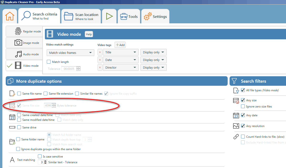 Duplicate Cleaner Same File Size option is grayed out in Video Mode, stemmed from Regular Mode.png