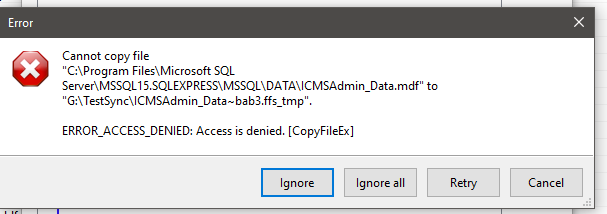 While syncing C:\Program Files\Microsoft SQL Server\MSSQL15.SQLEXPRESS\MSSQL\DATA > G:\TestSync
