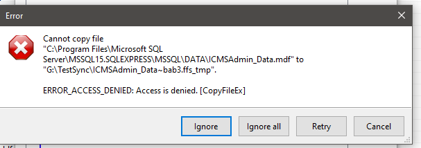 While syncing C:\Program Files\Microsoft SQL Server\MSSQL15.SQLEXPRESS\MSSQL\DATA &gt; G:\TestSync