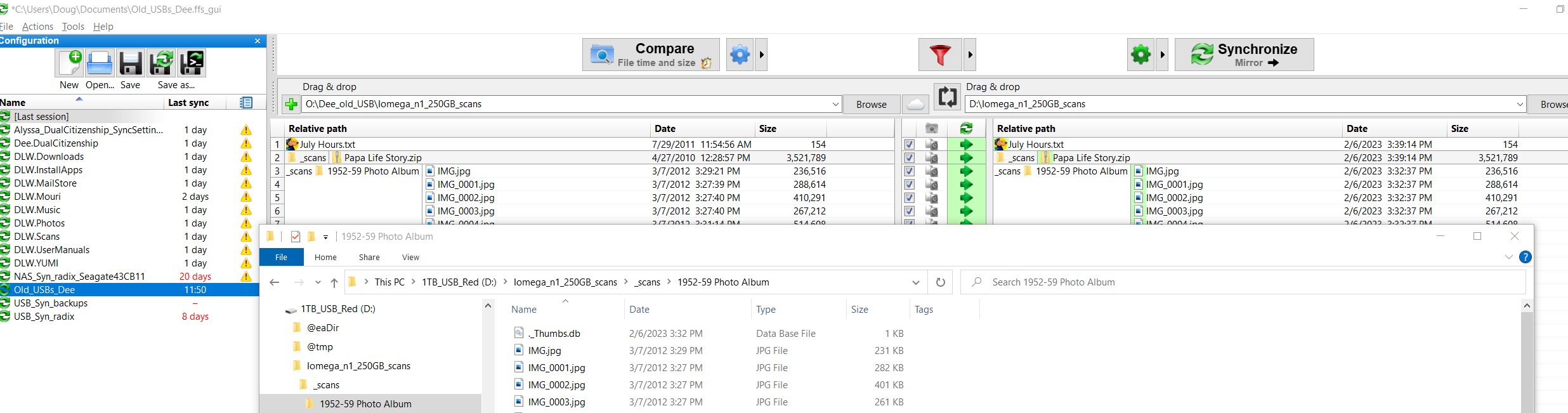 Shows FFS file date vs Window dates