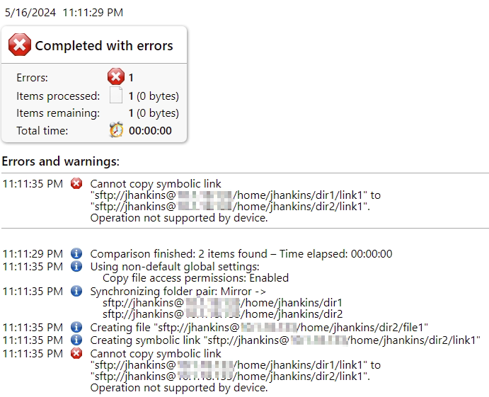 screenshot of ffs log